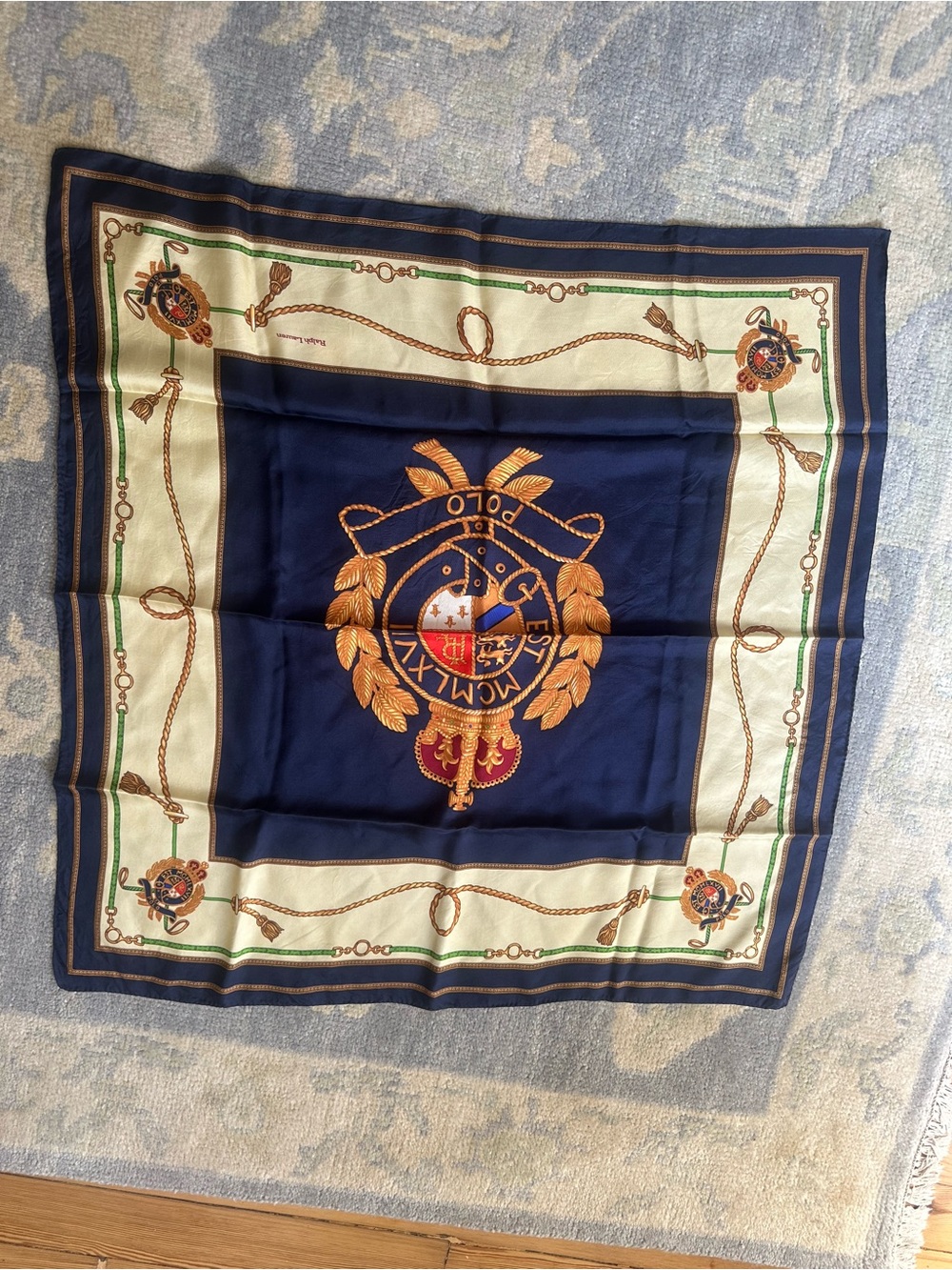 Polo by Ralph Lauren Navy, Cream and Gold Crest Square Scarf
